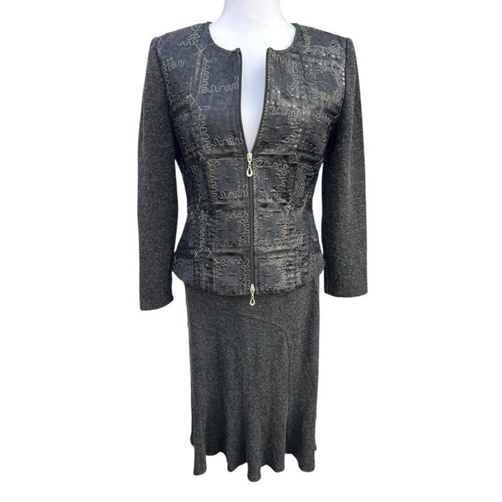 Joseph Ribkoff Women's Vintage Jacket & Skirt Set Sequin Embroidered Gray Size 8